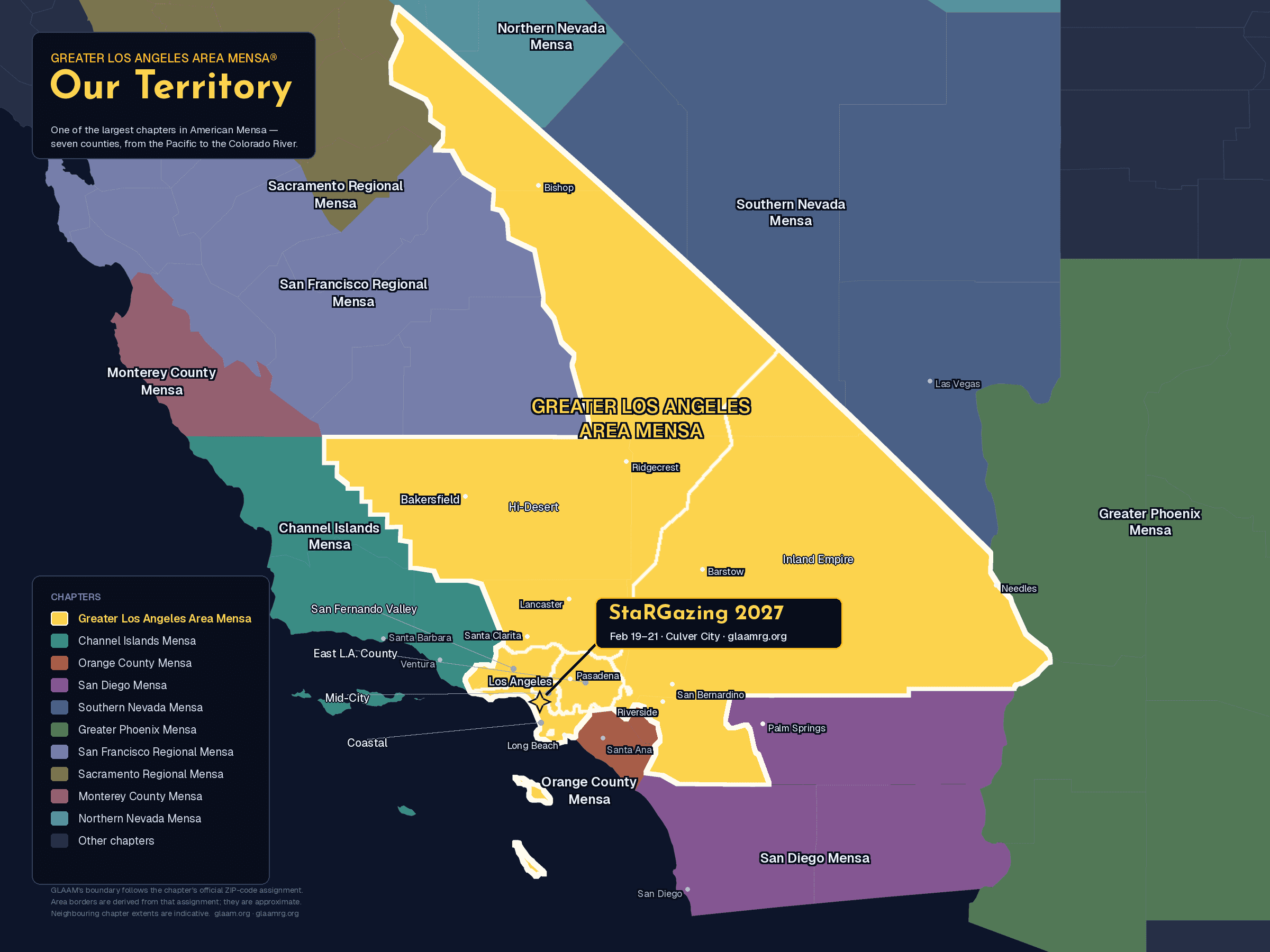 Map of the Greater Los Angeles Area Mensa chapter territory, its six Areas and its neighbouring chapters, with StaRGazing 2027 marked in Culver City